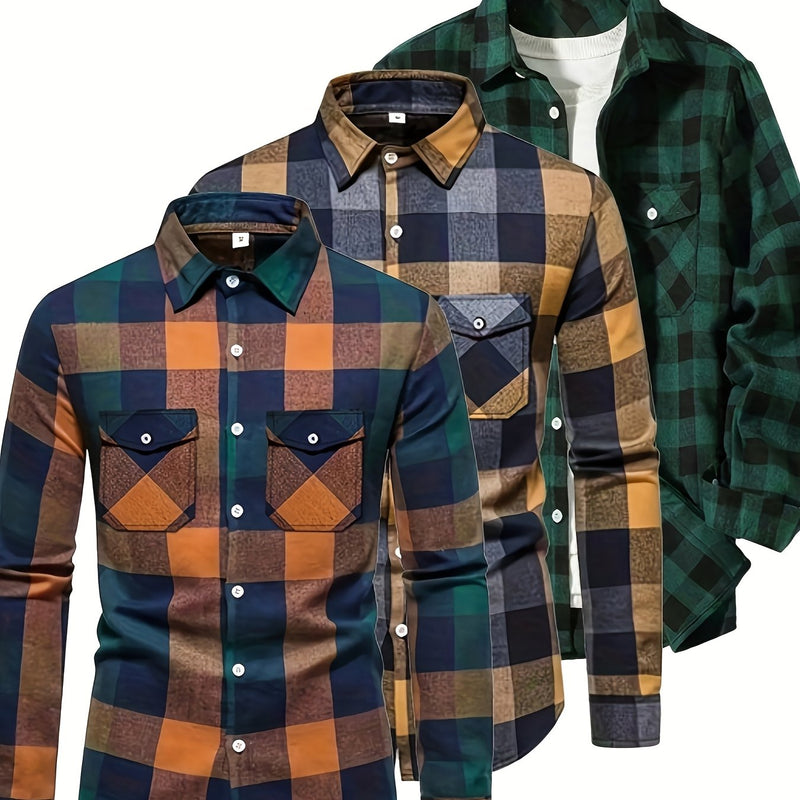 3pcs Men's Plaid Shirt Top with Turn- Collar Long Sleeve Button-Up.