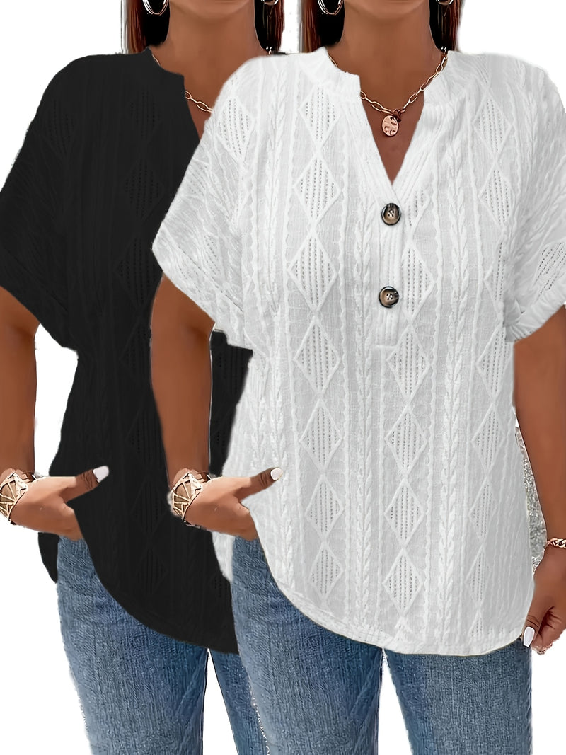 Women's Short-Sleeve V-Neck Solid Color Jacquard Hollow-Out Two-Piece T-Shirt.