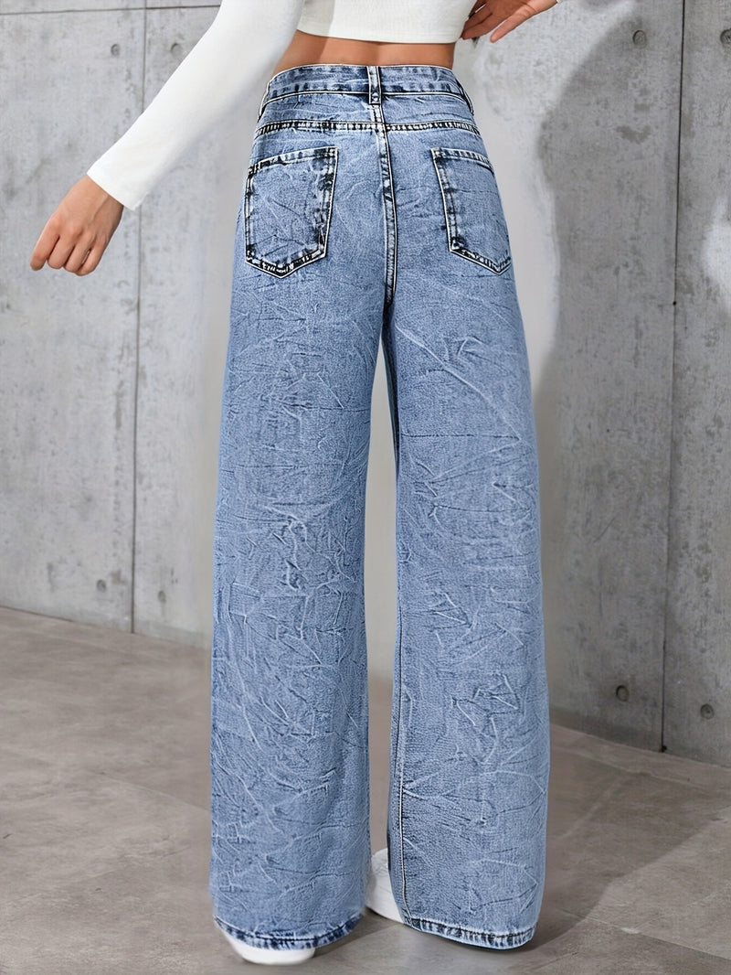 Women's High-Waisted Simple Versatile Distressed Wide Leg Jeans.