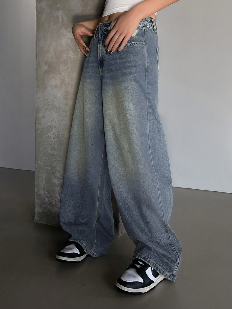 Women's New Washed Blue Wide-Leg Ultra-Long Floor-Length Ripped Loose-Fit Wide-Leg Casual Jeans.