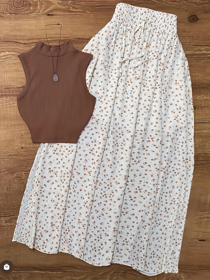 Women's Solid Color Sleeveless Top with Ribbed and Floral Skirt 2pcs Set.