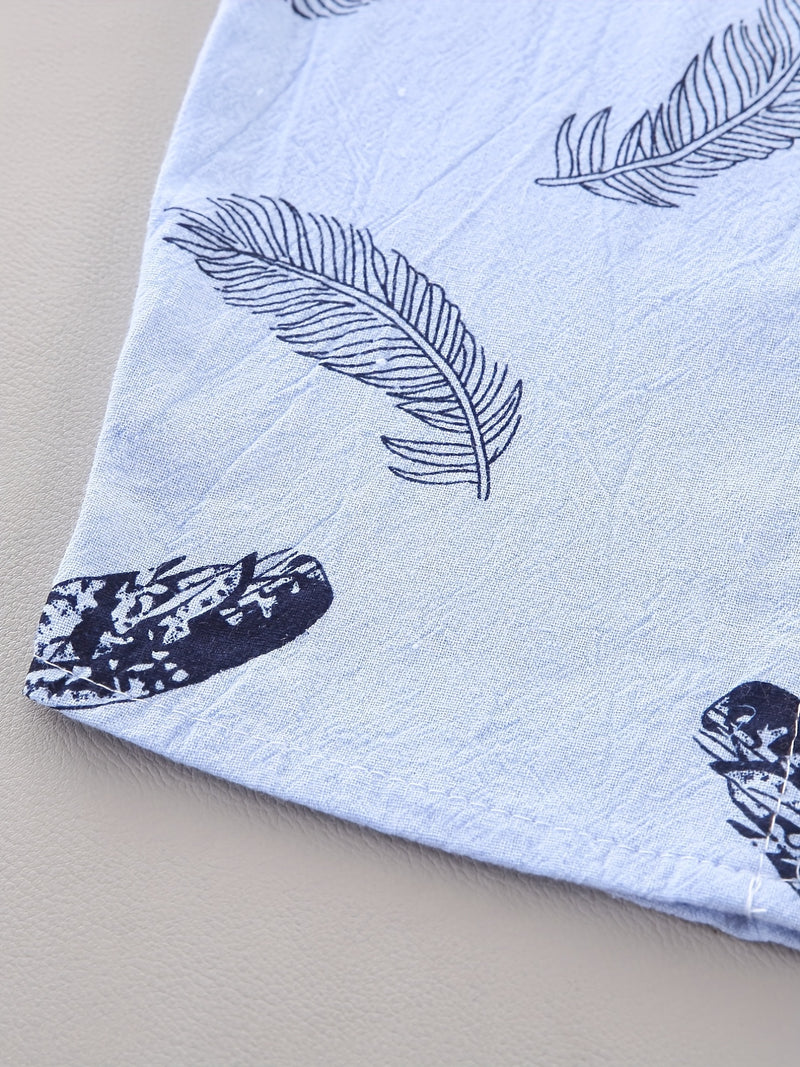 2pcs Boys' Casual Feather Shirt and Shorts Set Vibrant Yellow with Blue Accents.