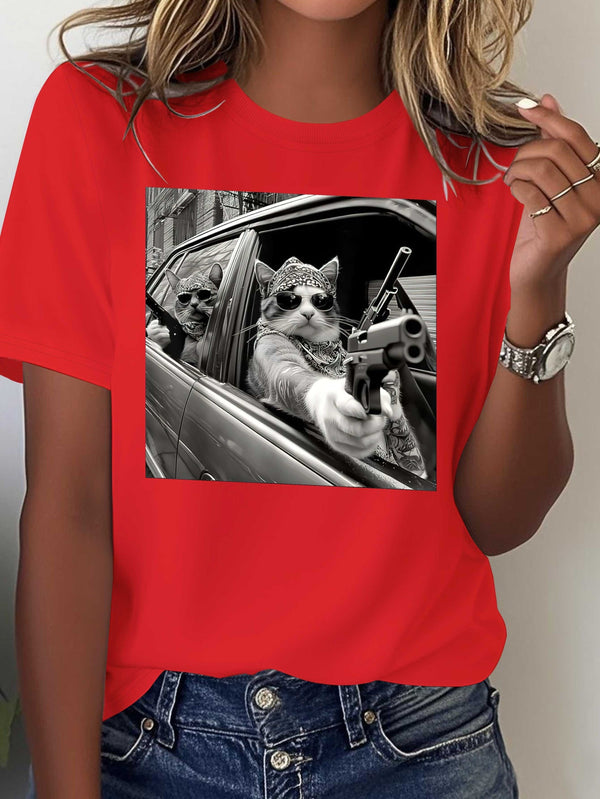 Women's Pure Gangster Cat Print T-Shirt.
