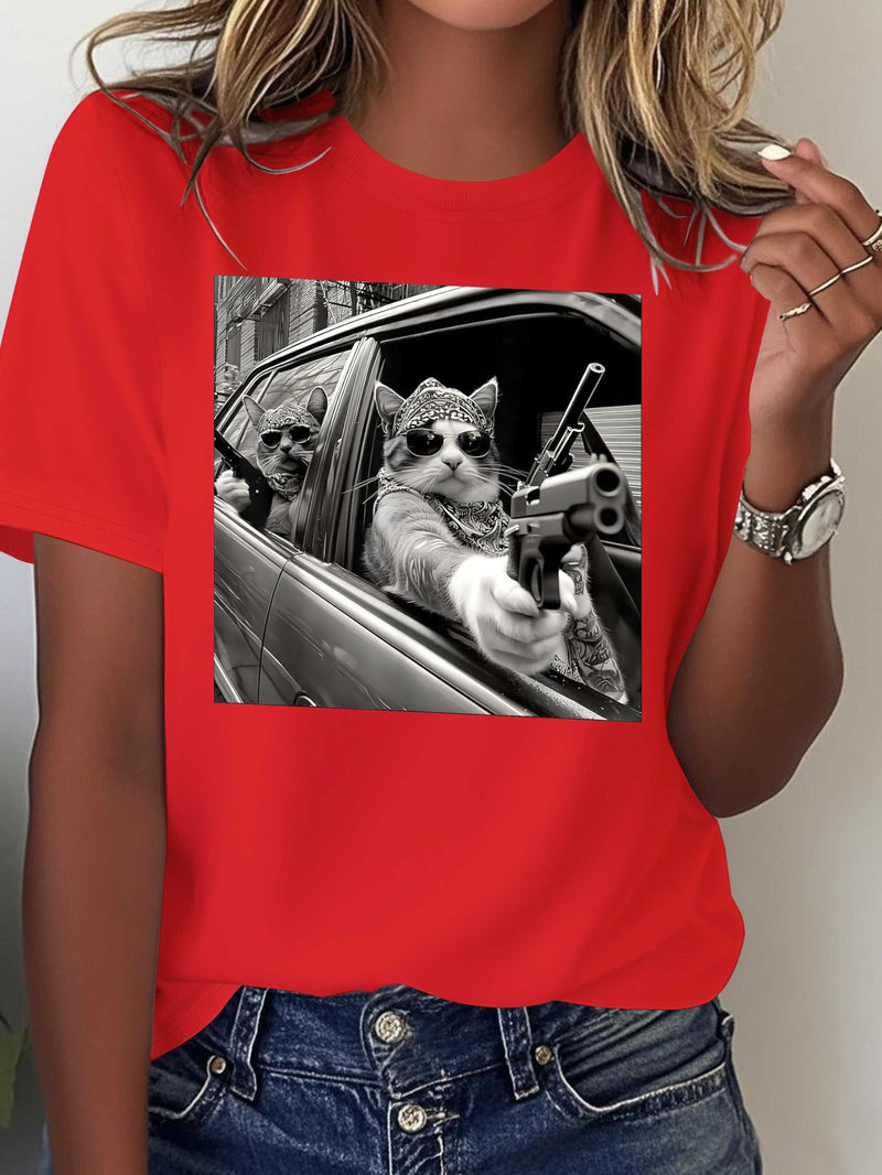 Women's Pure Gangster Cat Print T-Shirt.