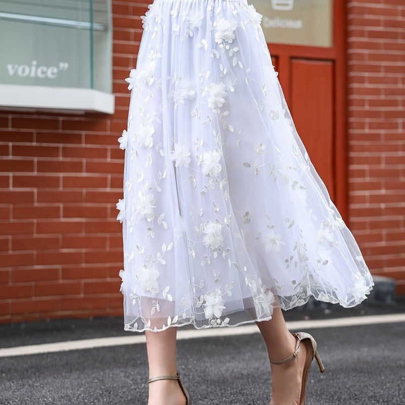 Women’s Double-layer Mesh Flared A-line Embroidered Floral Skirt.