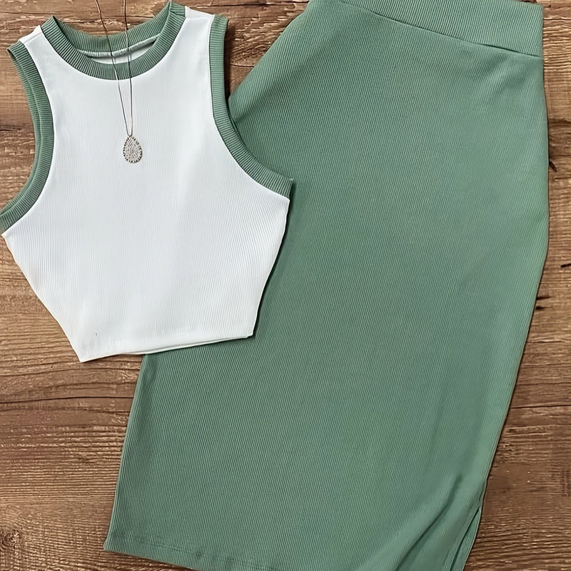 Women's Sleeveless Waistcoat and Split Skirt Set.