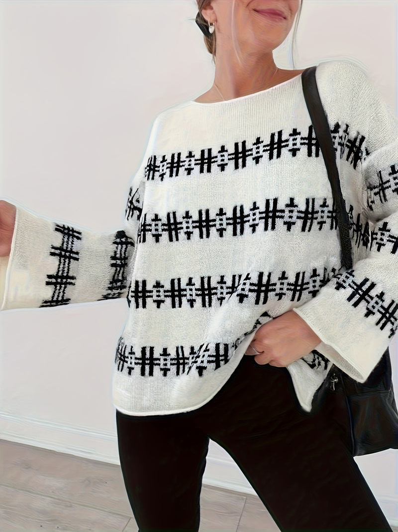 Women’s Fashionable Casual Letter Symbol Color-Blocking Loose Striped.