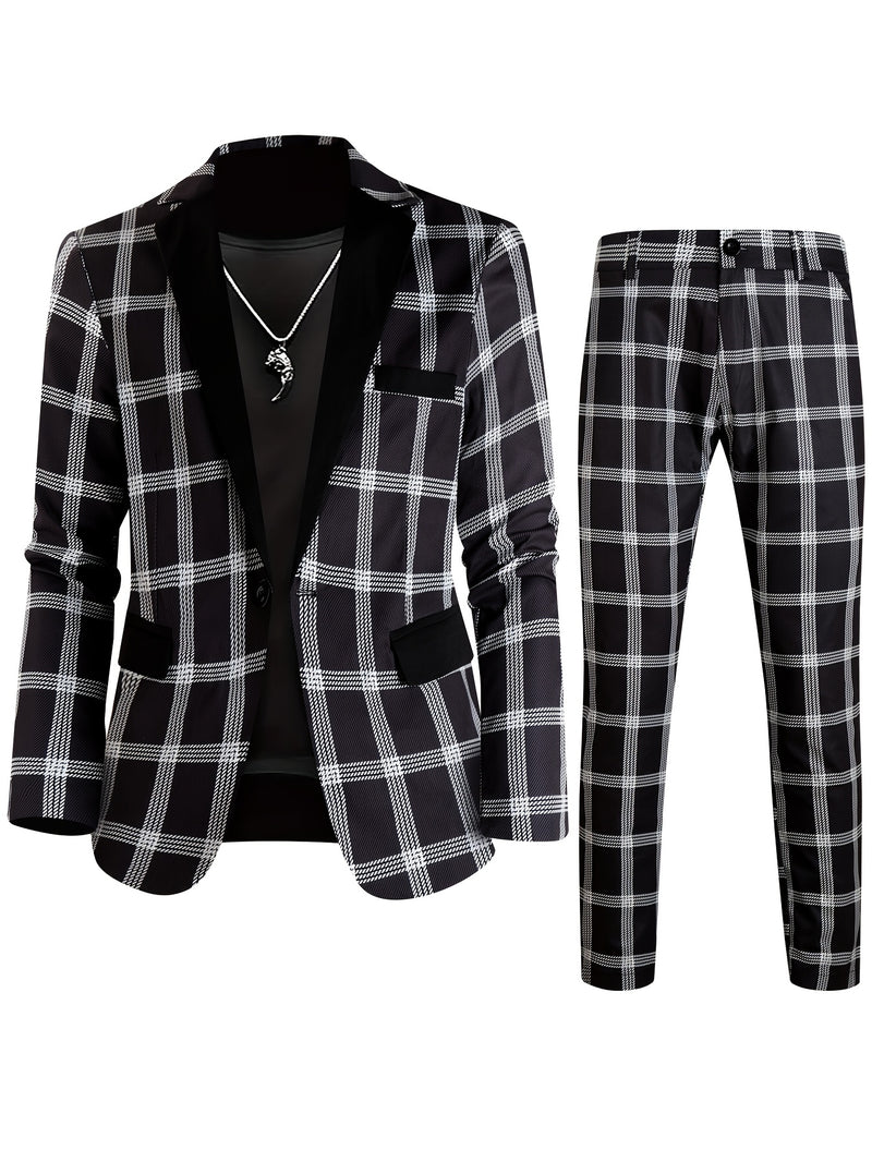2pcs Men'S Casual Fashion Patchwork Plaid Suit | Non-Stretch Fabric.
