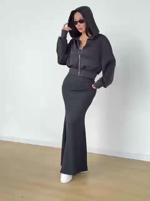 Women’s Elegant Solid Color Hoodie Jacket Paired with an Ultra-Long Dress.