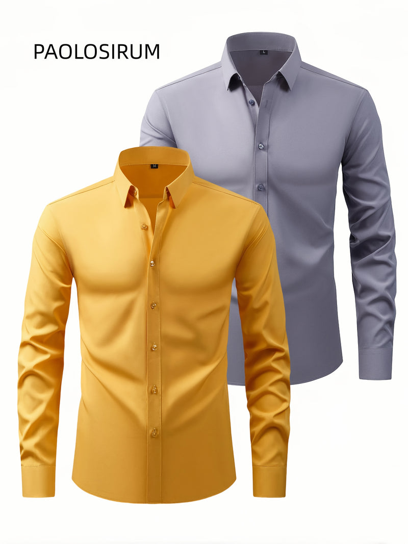 Two-Piece Set of Men's Solid Color Elastic Shirts.