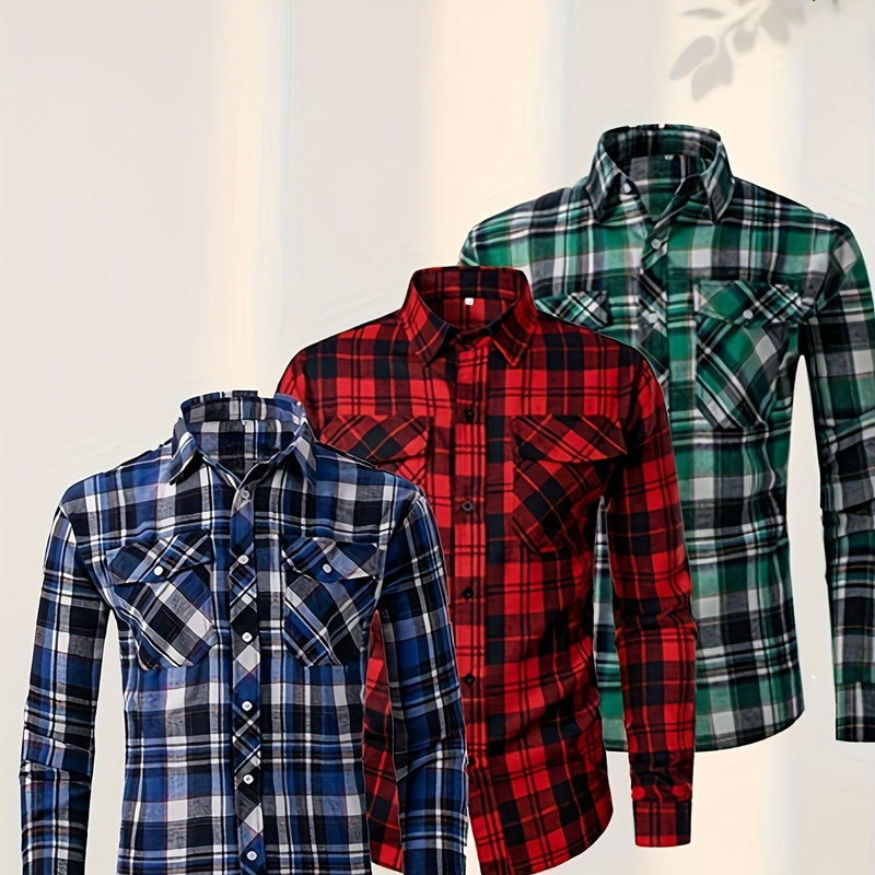 3pcs Men's Plaid Shirt Top with Turn- Collar Long Sleeve Button-Up.