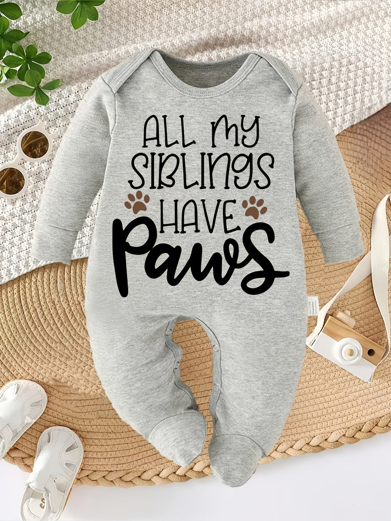 All My Siblings Have Paws Letter Print Newborn Romper Footed Bodysuit for Babies.