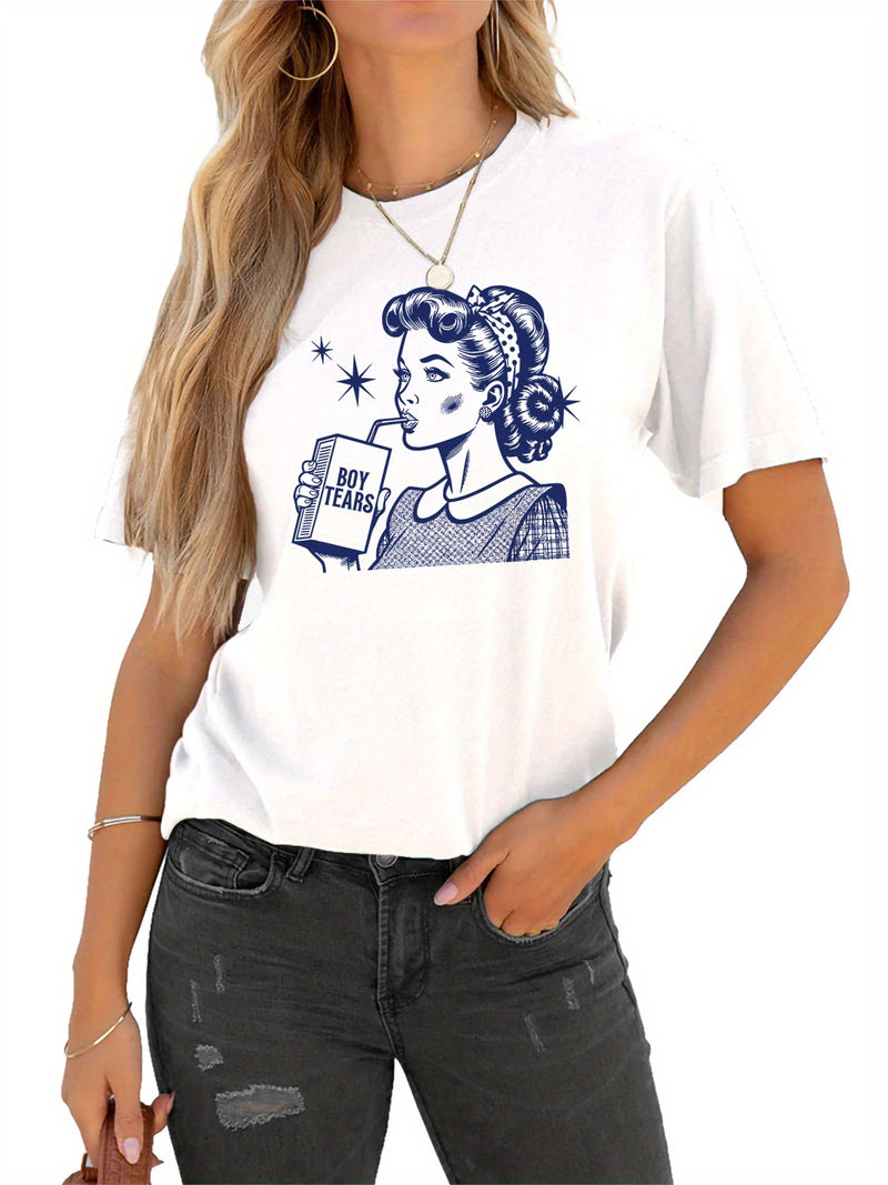 Women’s Graphic Print T-shirt, Short Sleeve Crew Neck Casual.