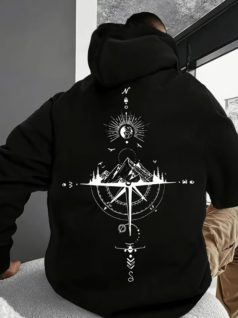 Men's Autumn/Winter Compass Print Hooded Sweatshirt.