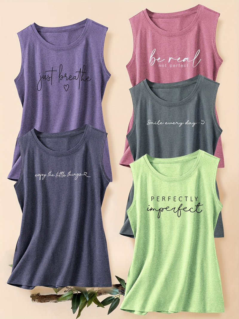 5pcs Women's Vest Tops with English Letter Print.