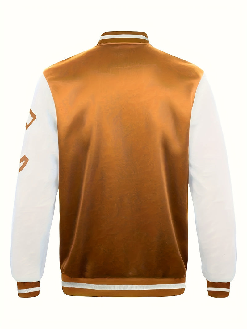 Men's Casual Letter Print Color Block Varsity Jacket, Baseball Jacket.