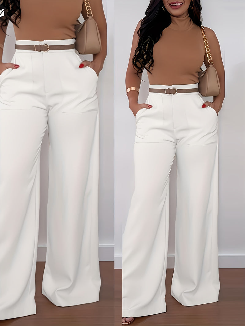 Women's Long Pants, Solid Color High-Waisted Wide-Leg Casual Elegant.