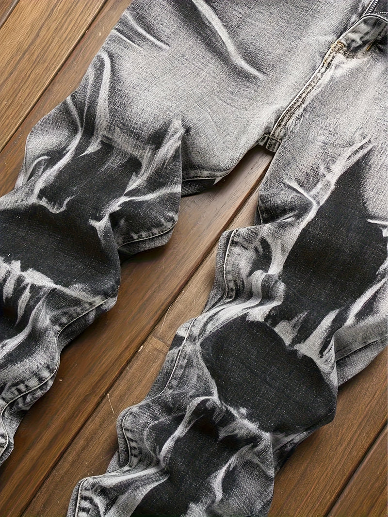 Men's Slim-Fit Stretch Denim Jeans with Irregular Tie-Dye Design.
