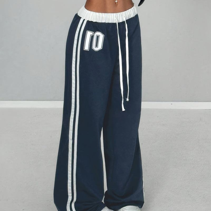 Women'S Color Block Number Print Belt Stitching Casual Street Loose Long Pants.