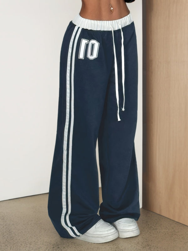 Women'S Color Block Number Print Belt Stitching Casual Street Loose Long Pants.