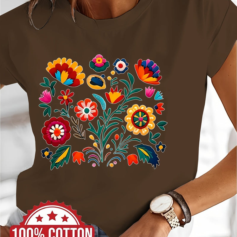 Women’s Casual Short-Sleeve T-Shirt with a Floral Graphic Print.