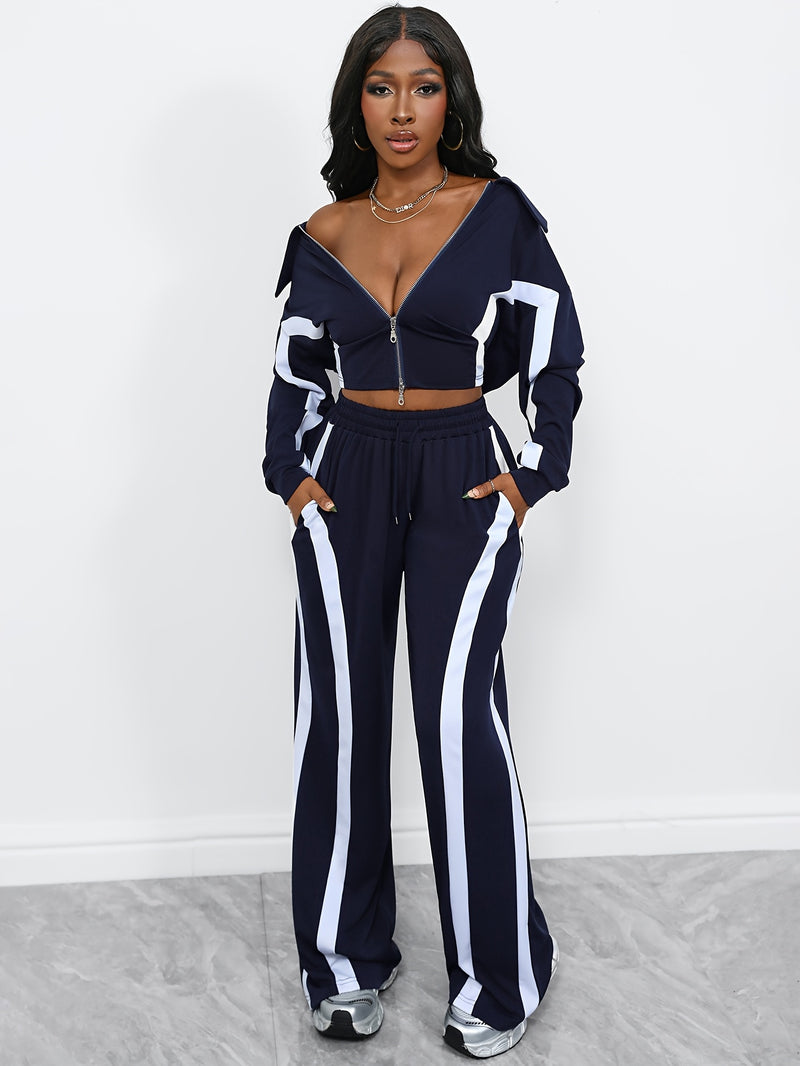 Women's Autumn-Winter Zippered Long Sleeve Jacket and Slim-Fit Pants.