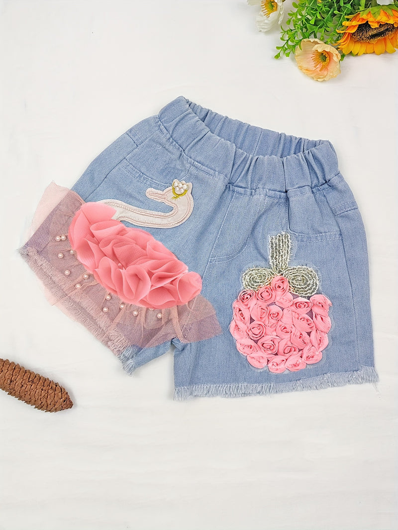 New Girls' Embroidered Swan Denim Shorts, Versatile Outerwear Pants for Girls.