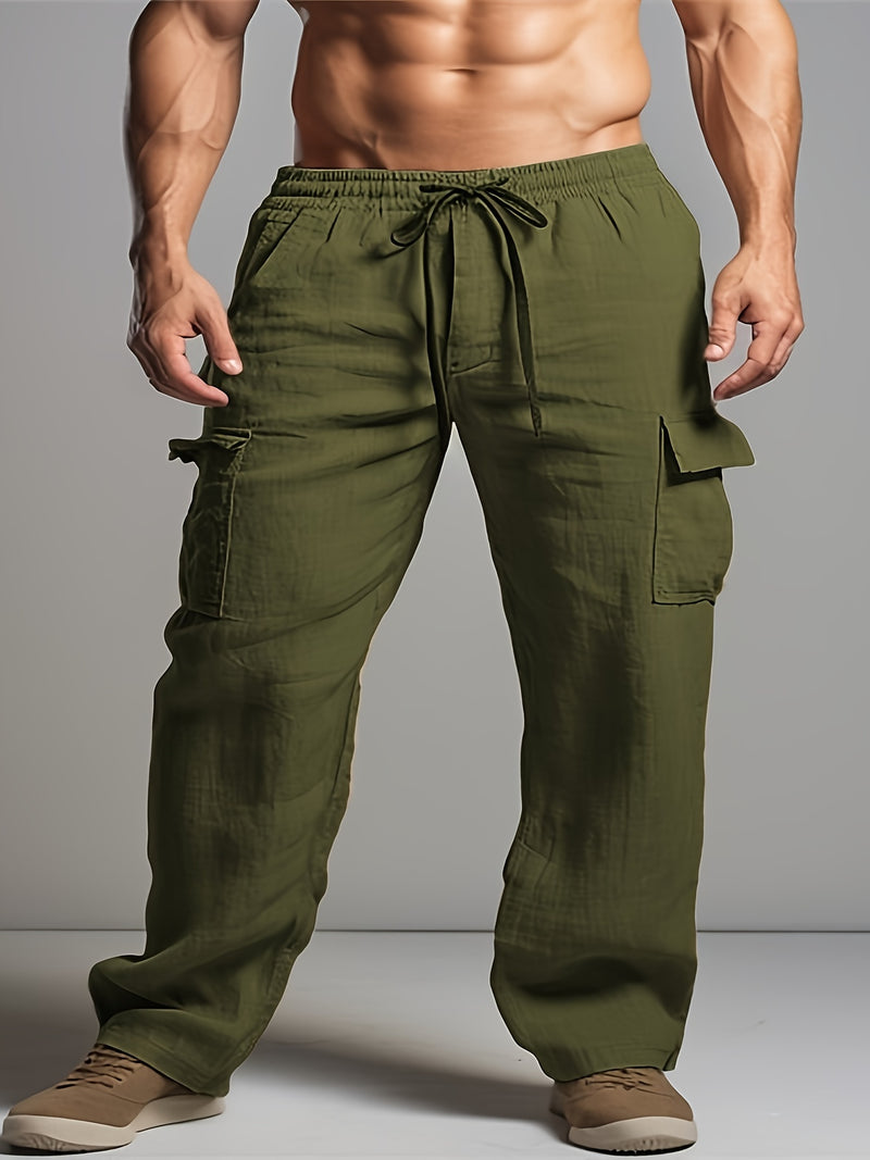 Linen Drawstring Elastic Waist Multi-Pocket Casual Long Pants.