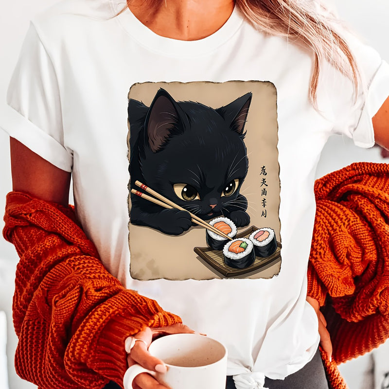 Cat Eating Sushi print t-shirt, short sleeve crew neck casual top for Women.