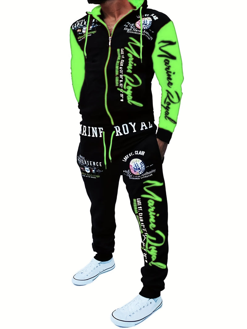 Men's Hiphop Outfit, Letter Print Long Sleeve Full-Zip Casual Jacket And Loose Jogger Pants.