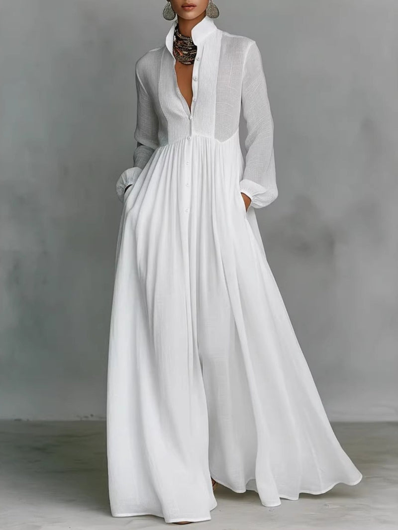 New Style Stylish, Waisted and Long-sleeved Pleated Word Length Vacation Dress for Women.