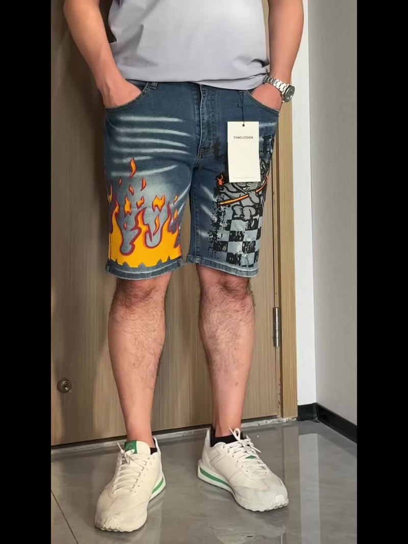 New European and American Vintage Print Ripped Jeans.