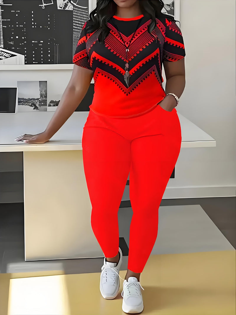 Women's Short-Sleeve Round-Neck Top And Long Pants.