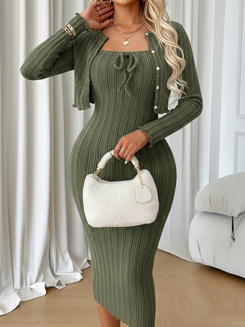 A Women's Casual And Stylish Solid Color Dress with a Bow Tie Neckline.