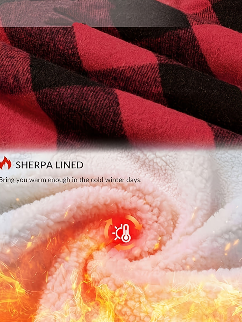 Men's Warm Jacket with Sherpa Lining, Plaid Hooded Zip-Up Winter Coat.