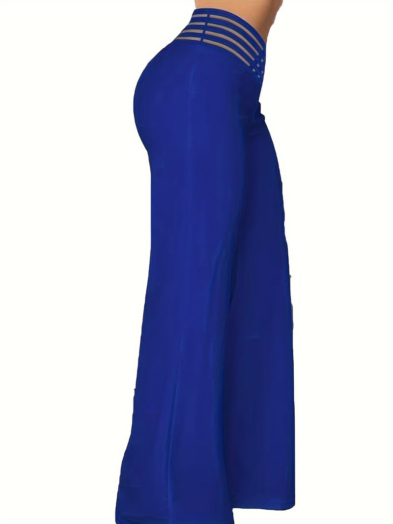 Women’s Solid Color Cross-Over Transparent Mesh Patch High-Waist Pants.