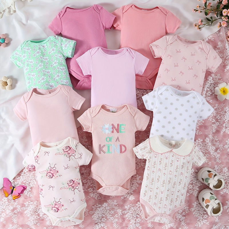 10pcs Set of Girls' Short-Sleeve Spring/Summer Cotton Triangle Bodysuits.