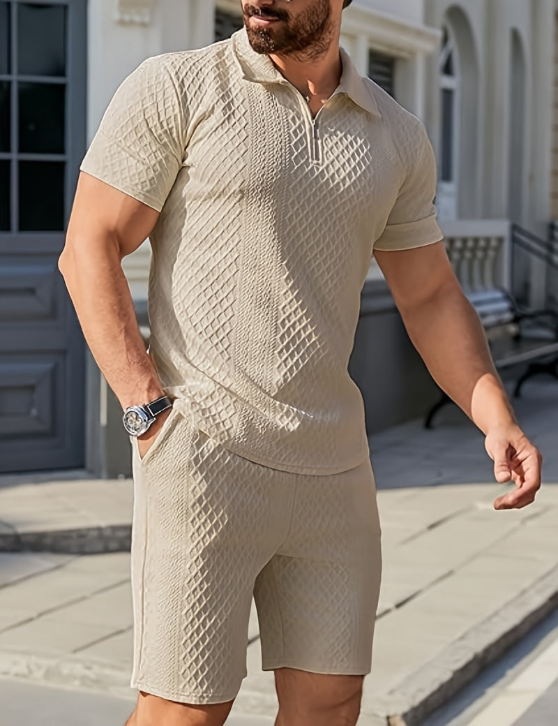 Men'S Jacquard Polo Shirt Set with Short Sleeves And Shorts for Summer.