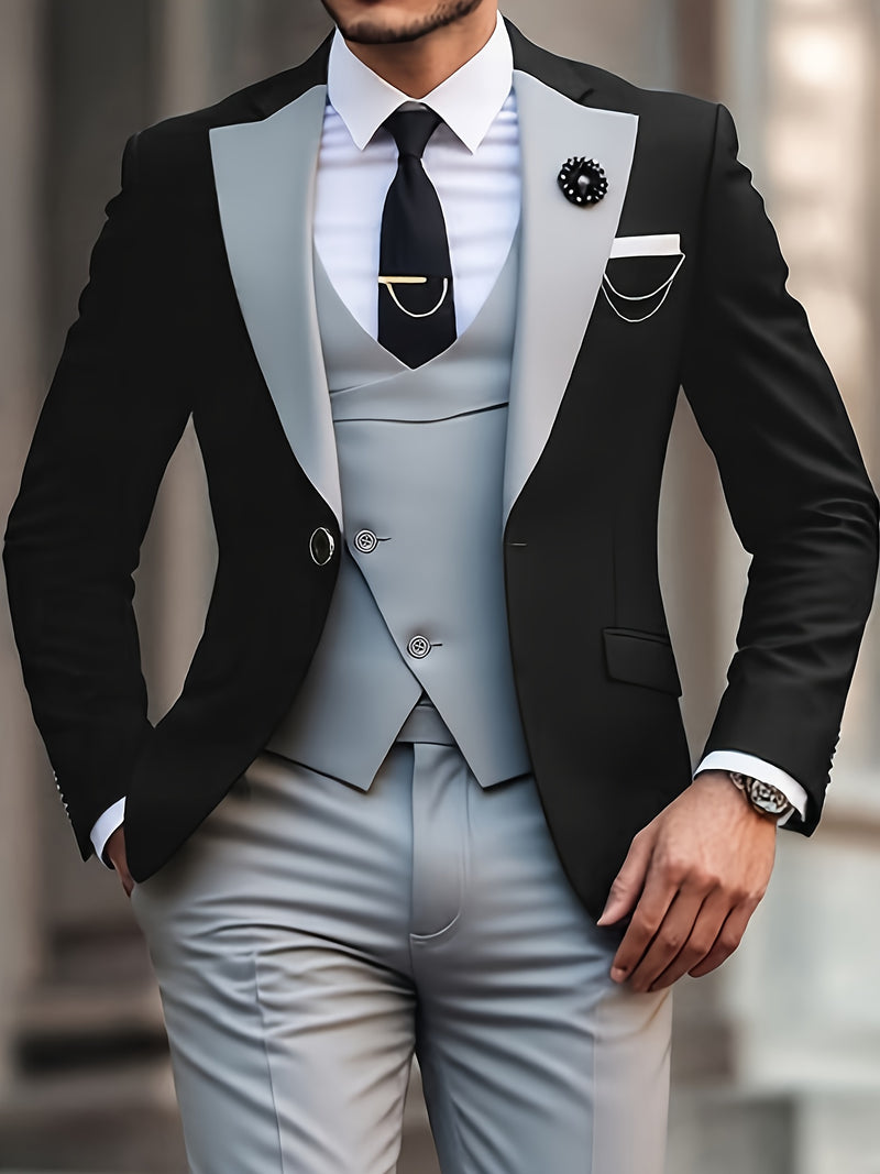 Men's 3pcs Suit Set, Blazer + Vest + Trousers.
