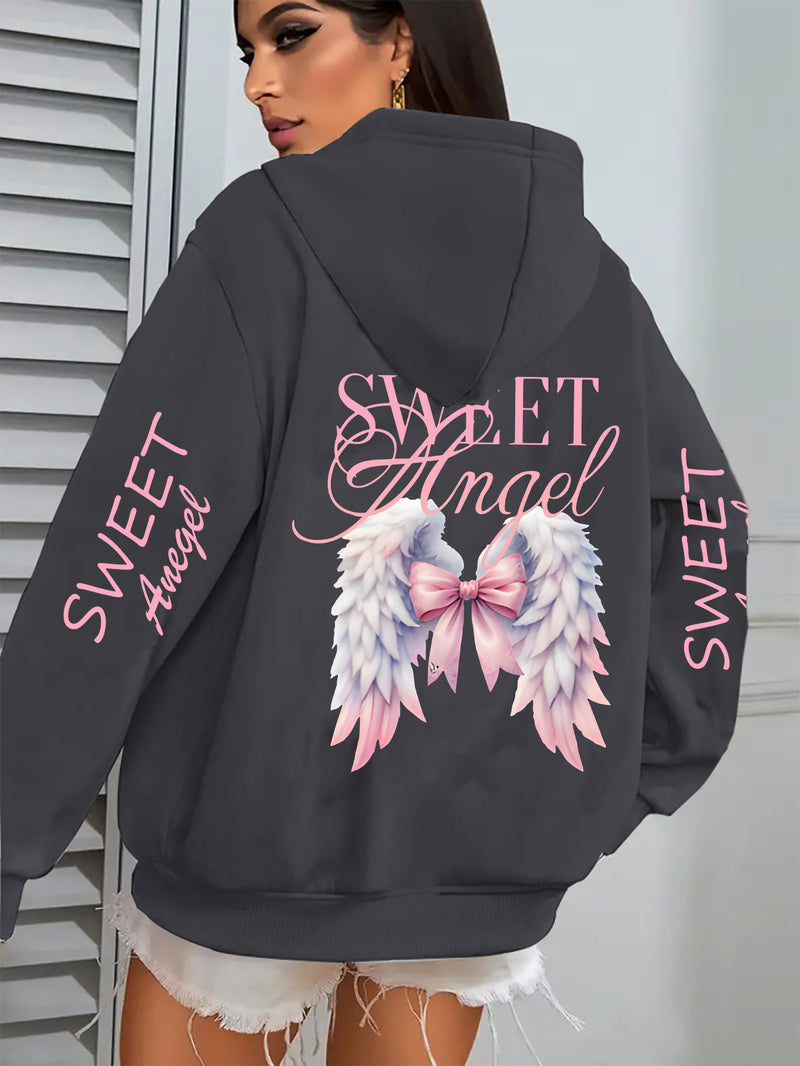 Women's Oversized Hoodie with Pink Wings & Angel Design.