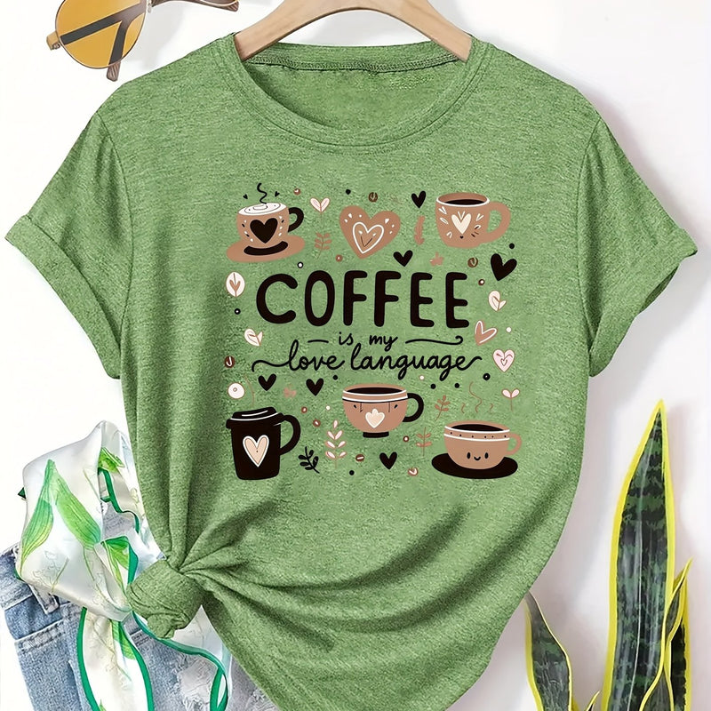 Elegant Women's Short-Sleeve T-Shirt with Coffee-Themed Prints.