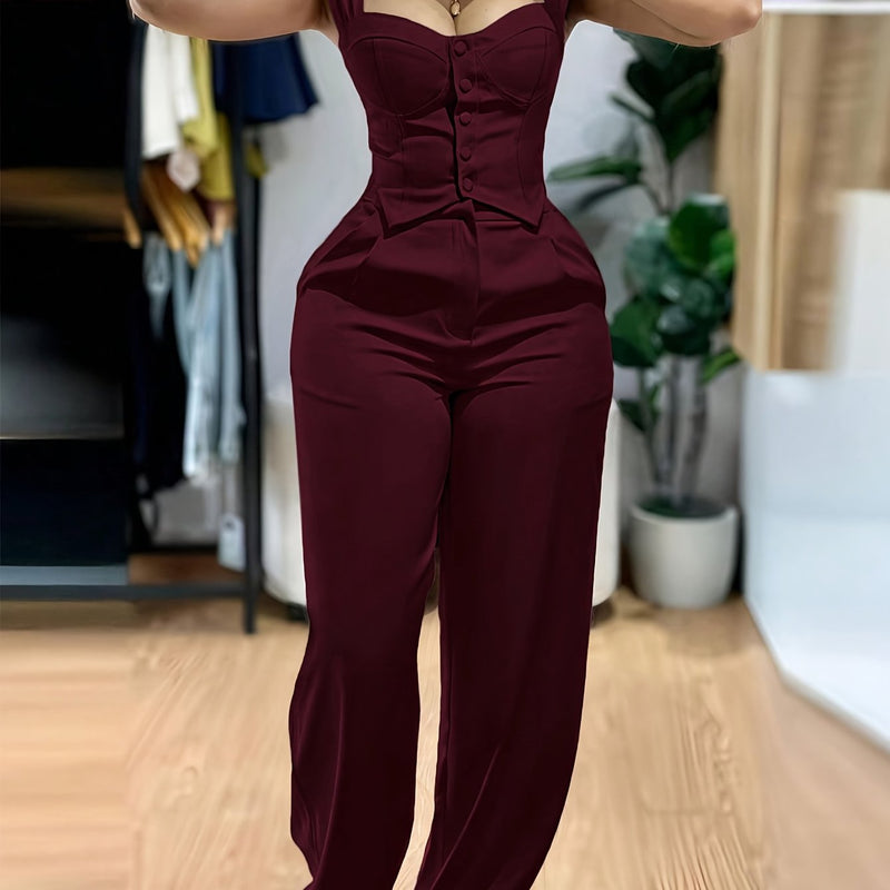 Women’s Elegant Two-Piece Set with Thick Straps And Buttoned Front.