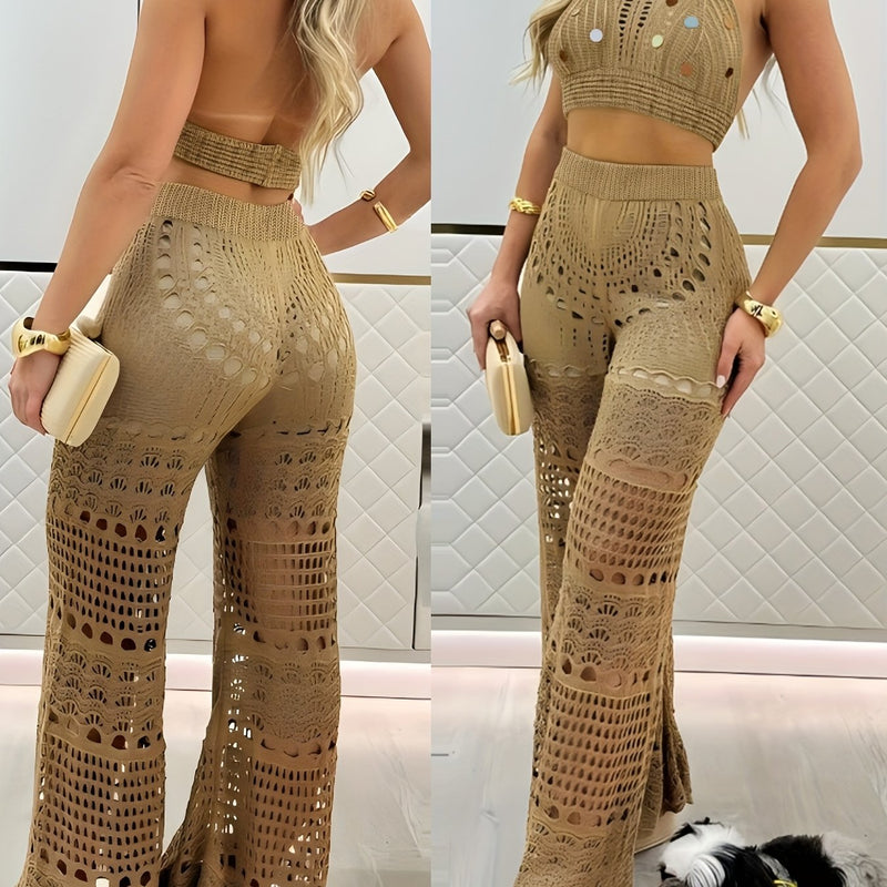2pcs Women’s Golden Coast Brown Outfit Consisting of a Top And Long Pants.