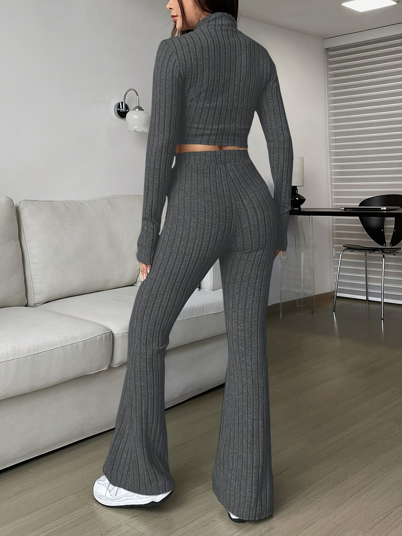 Women's Slim-Fit Zip-Up Shirt and Flared Pants Set.