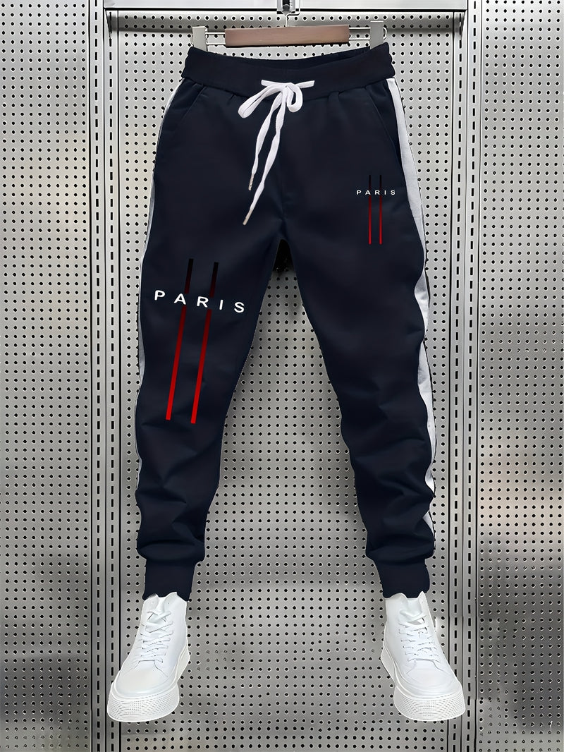 Stylish Men's Color-Blocked Jogger Pants Featuring a Striking Print Design.