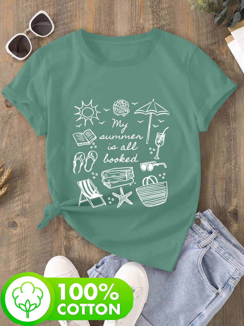 Women's Casual T-Shirt - Beach & Book Lovers Graphic Print.