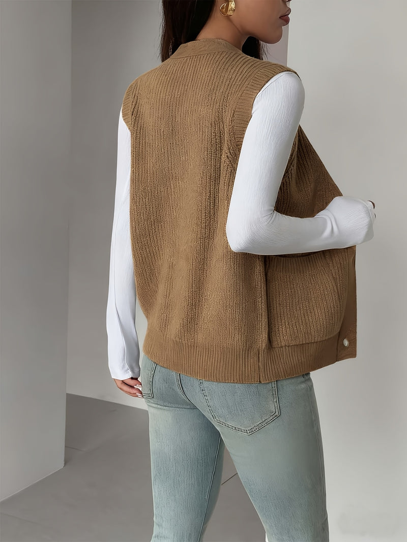 New Solid Color V-Neck Pocket Women's Sweater Vest.