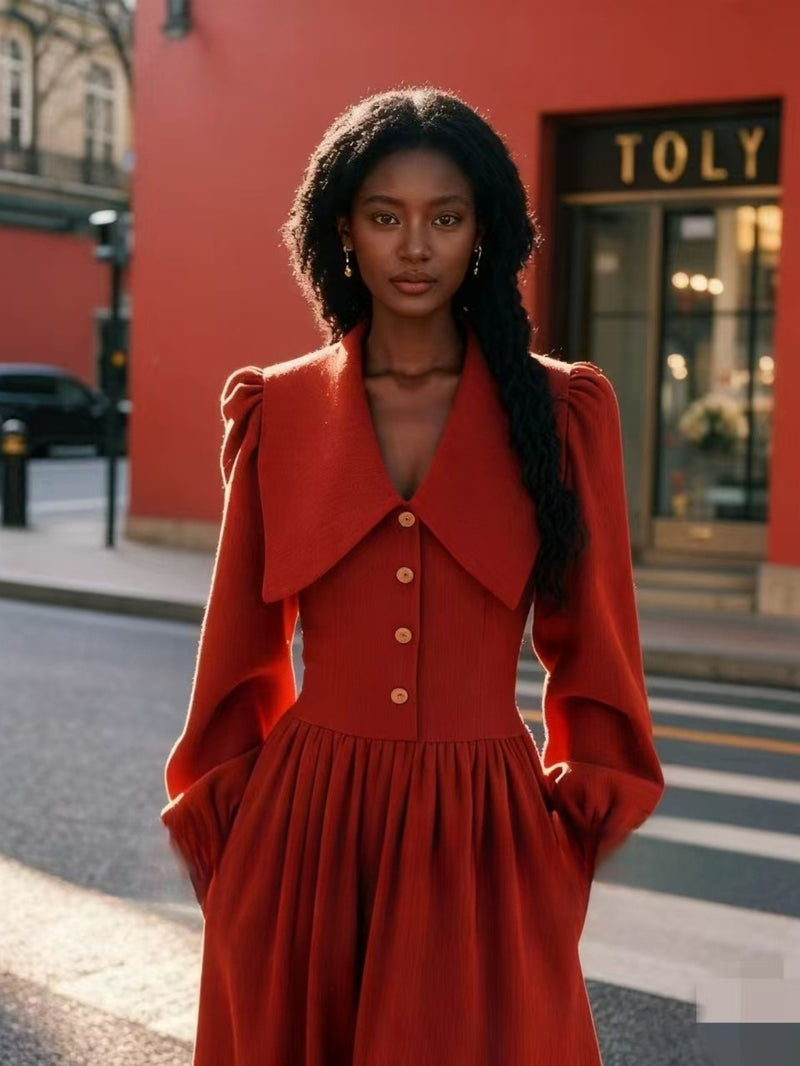 Women’s  Spring Slim-Fit Petite Red Collared Dress.