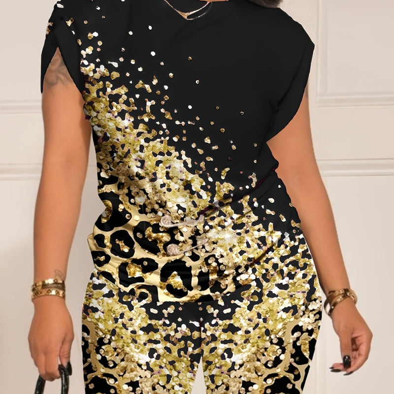 2pcs Women's Fashion Printed Round Neck Short Sleeve with Shorts.