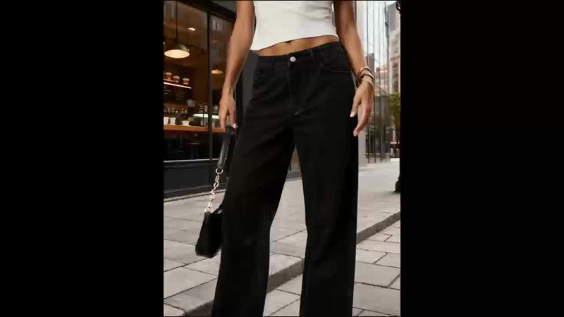 Black Stretchy Denim Wide-Leg Pants for Women.